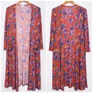 LuLaRoe Sarah Cardigan Longline Bold Floral Flowy Soft Size Small Red Orange